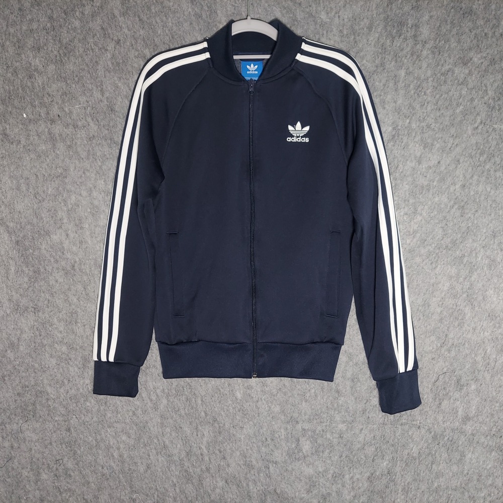 Adidas Men Track Jacket Small Navy Blue Sporty Full Zip Trefoil Logo 3-Stripe
